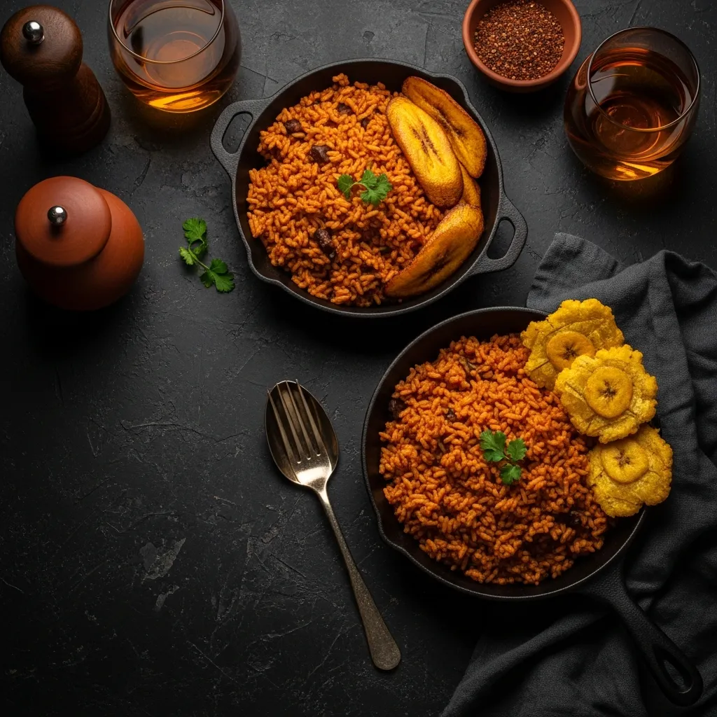 A West African feast of jollof rice, chicken, and golden plantains
